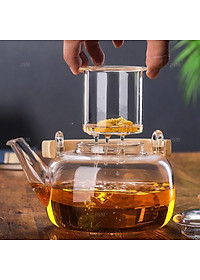 Ấm pha trà thuỷ tinh chịu nhiệt tay gỗ 1000ml có thể đun trên bế ga bếp hồng ngoại