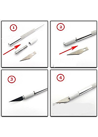 Dao trổ khắc giấy và gỗ mỏng với cán kim loại và hộp 06 lưỡi sơ cua đi kèm