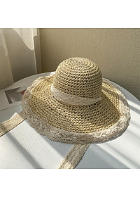 Mũ nón đi biển rộng vành chống nắng gấp gọn thoáng mát viền ren tiểu thư dona23082001