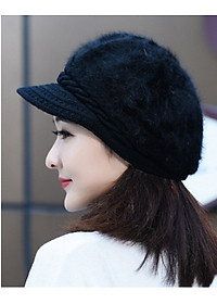 Nón len nữ, mũ len nữ lông xù mũi kết A060