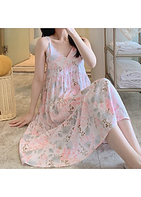 Váy 2 dây cho nữ mặc nhà vải lanh mềm mát, dáng xòe, nhiều họa tiết, freesize từ 45 đến 75 kg