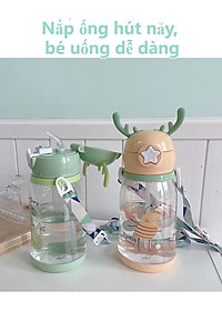 Bình Nước Thể Thao Có Ống Hút 600ml Hình Gạc Nai Hươu Dễ Thương Nhiều Màu Sắc Cho Bé - Hàng Loại 1 - Chính Hãng MINIIN