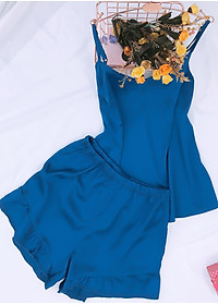 Bộ đồ ngủ nữ mặc nhà 2 dây lụa cao cấp mềm mại hàng thiết kế 4 màu hồng cam, đỏ, xanh ngọc, xan coban N248