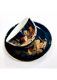 Bộ ấm chén Bát Tràng cao cấp màu xanh Arctic họa tiết hoa sen vẽ vàng 24k