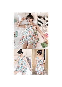 Bộ đồ mặc ở nhà dành cho nữ, bộ áo ba lỗ và quần đùi nhún bèo vải lanh mặc nhà mềm mát, trẻ trung size 35 - 75 kg