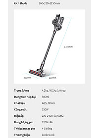 Máy hút bụi không dây Lock&lock ENV356GRY đa năng cầm tay 3 trong 1 (lau sàn, hút bụi, hút bụi giường nệm), động cơ BLDC (350W) - Hàng chính hãng
