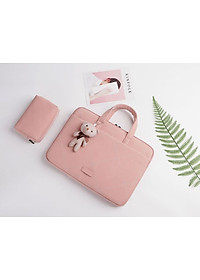 Túi xách da chống sốc cho máy tính, macbook, laptop màu hồng cute - Tặng kèm gấu bông và ví đựng phụ kiện