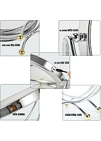 Gương trang điểm đèn LED Chân Xòe cảm ứng để bàn phóng đại 3 lần, xoay 360 độ, 2 mặt Minh House