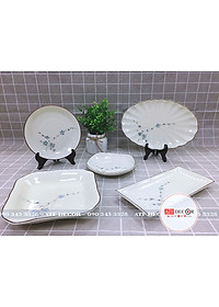 Bộ bát đĩa men kem Bát Tràng cao cấp vẽ đào xanh