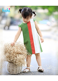 Váy bé gái linen suông chữ A phối kẻ sọc Haki