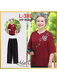 Đồ bộ nữ trung niên đồ bộ cho mẹ mặc nhà ống rộng, áo thêu hoa, vải voan mịn mát, có size lớn