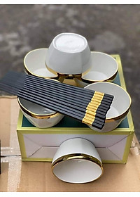 Bộ 6 Bát Sứ Màu Xanh-Trắng Viền Mạ Vàng Cao Cấp- Tặng Kèm Đũa Phong Cách Nhật- Hàng Chính Hãng MINIIN