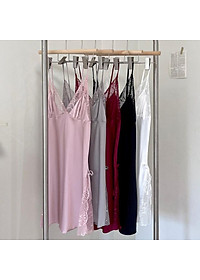 Q6 Váy ngủ lụa cao cấp  - Váy ngủ lụa phối ren xẻ tà - Đầm ngủ sexy hai dây gợi cảm- Váy ngủ nữ