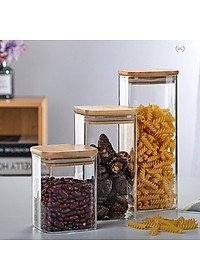 Hũ Thủy Tinh Vuông Nắp Gỗ Tre Kín Hơi Đựng Thực Phẩm, Gia Vị Tiện Dụng