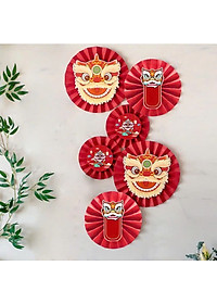 BỘ QUẠT GIẤY ĐỎ 6 CHIẾC – HÌNH ĐẦU LÂN TRANG TRÍ TẾT / TRUNG THU (khách tự ráp lại thành phẩm theo hình)