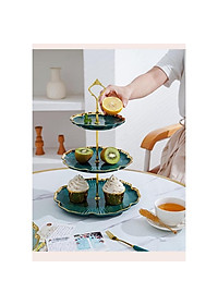 KHAY ĐỰNG BÁNH KẸO HOA QUẢ BẰNG SỨ 3 TẦNG VIỀN VÀNG CAO CẤP SANG TRỌNG