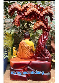 TƯỢNG PHẬT THÍCH CA NGỒI GỐC CÂY TÙNG BẰNG GỖ HƯƠNG ĐÁ TÔ LÀM MẦU GIẢ CỔ KT 50×31×15CM