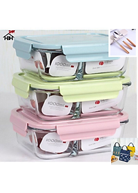 Hộp Cơm Thủy Tinh 3 Ngăn 1050 ml + Túi Cá + Hộp Đũa Thìa Cán gỗ ( Giao màu ngẫu nhiên) cực kì tiện lợi