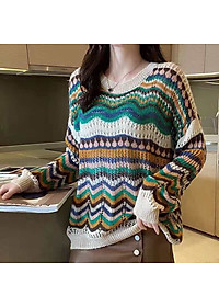 Áo len nữ form rộng hoạ tiết phối màu xinh mẫu mới thu đông HB09