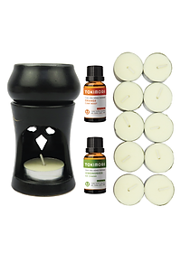 Bộ Đèn Xông Tinh Dầu TOKI MORI bằng nến, có 2 chai tinh dầu Sả Chanh, Cam Ngọt, Nến Sáp, Khử Mùi, Làm Thơm, Trang Trí Nhà ở, Văn Phòng, Quà tặng