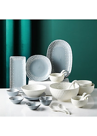 Bộ bát đĩa chén đĩa cao cấp Gosu họa tiết giọt nước màu trắng xám sang trọng