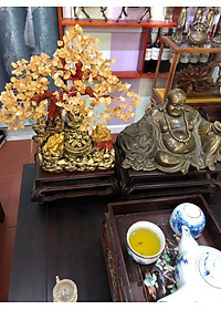 Cây Tài Lộc với tiểu cảnh thiềm thừ cóc ngậm tiền và bát tụ bảo, tụ tài, hủ vàng phong thủy đá thạch anh vàng - Cao 30 cm