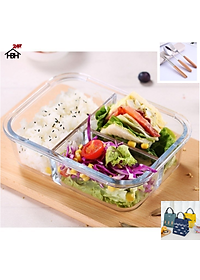 Hộp Cơm Thủy Tinh 3 Ngăn 1050 ml + Túi Cá + Hộp Đũa Thìa Cán gỗ ( Giao màu ngẫu nhiên) cực kì tiện lợi