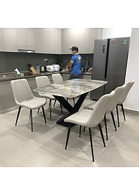 Bộ bàn ăn mặt đá phiến ceramic bóng chân chéo chữ X kết hợp ghế Nelson trám đẹp hiện đại