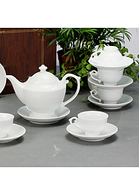 Bộ ấm chén men trắng đèn thần gốm sứ Bát Tràng (bộ bình uống trà, bình trà)