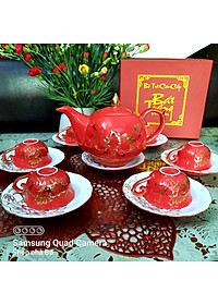 Bộ ấm chén Bát Tràng cao cấp mẫu đơn đỏ vẽ sen vàng