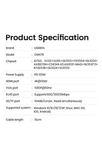 Ugreen UG15601CM498TK USB type C sang 1 x HDMI 4K30hz + 1 x VGA xuất cùng lúc + 1 x RJ45 1Gbps + TF + SD + 3 x USB 3.0 + 1 x 3.5mm NO MIC + 1 x USB-C PD 100W Bộ chuyển 10in1 - HÀNG CHÍNH HÃNG
