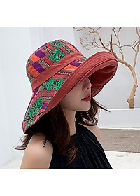 Nón Mũ nữ rộng vành gấp gọn đội 2 mặt chống nắng phối mầu thổ cẩm thời trang Hàn Quốc MRV01