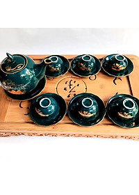 Bộ ấm chén Bát Tràng cao cấp phú quý Mallard màu xanh Arctic họa tiết hoa sen vẽ vàng 24k 