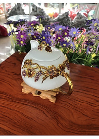 Bộ ấm trà chạm cây nho tím với ly chạm chữ đá bạch ngọc