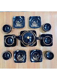 Bộ ấm trà men đen vẽ vàng 24k thuận buồm xuôi gió gốm sứ Bát Tràng cao cấp