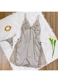 Q6 Váy ngủ lụa cao cấp  - Váy ngủ lụa phối ren xẻ tà - Đầm ngủ sexy hai dây gợi cảm- Váy ngủ nữ