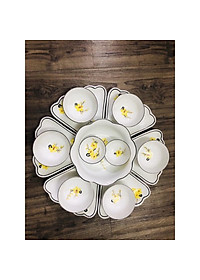 Bộ bát đĩa hoa mặt trời, họa tiết hoa mai vàng. Gốm sứ Bát Tràng.