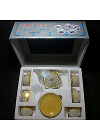 Bộ Ấm Uống trà Bát Tràng Cao Cấp mẫu TRỤ TRÒN có chân đế – Bình trà Hoa văn nổi sần kiểu ĐẤT NẺ cực đẹp – Màu Vàng Gold - 1 ấm, 6 ly, 7 dĩa – Chân Đế Ngăn va chạm mặt bàn, chống bám nước