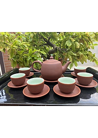 Ấm Chén Trà Tử Sa Bát Tràng Búp Sen Nâu Chỉ Đỏ