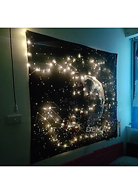 Combo bộ thảm tranh treo tường họa tiết dải ngân hà bằng vải mỏng và dây đèn led đom đóm trang trí (vải+ dây led+đinh)