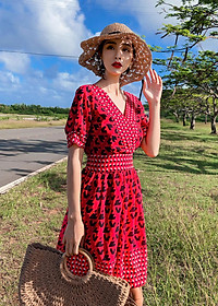 Váy maxi lửng dáng xòe, họa tiết thổ cẩm nổi bật, chất dày đẹp, đầm nữ vintage cổ chữ V, váy đi biển, du lịch đẹp | MX012