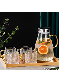 BỘ BÌNH NƯỚC THỦY TINH CRYSTAN KÈM 6 CỐC VÂN NHÁM QUAI VÀNG CAO CẤP CHỊU NHIỆT - ANTH446