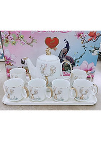Bộ ấm chén kèm khay sứ pha trà trắng họa tiết hươu rừng
