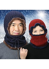 Mũ len kèm khăn cổ lót lông ấm áp cho người lớn tuổi mùa đông
