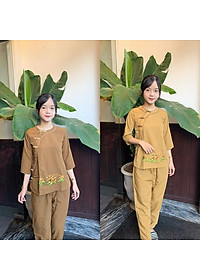 Áo lam đi chùa_ viền cổ tròn bông thêu