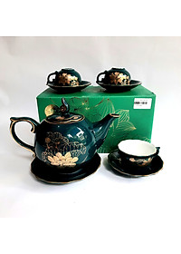 Bộ ấm chén Bát Tràng cao cấp phú quý Mallard màu xanh Arctic họa tiết hoa sen vẽ vàng 24k 