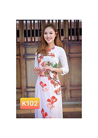 Áo dài Thúy Kiều in 3D lụa Nhật trắng hoa phượng đỏ K102