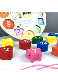 Đồng hồ Gỗ xếp hình học xỏ dây cho bé học đếm giờ phân biệt màu sắc hình khối - Xâu chuỗi hạt bằng gỗ