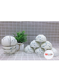 Bộ bát đĩa men kem Bát Tràng cao cấp vẽ đào xanh