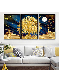Bộ tranh treo tường 3 tấm trang trí phòng khách, phòng ngủ phong cách mỹ thuật hiện đại chất liệu cán pvc gương:4420L15S